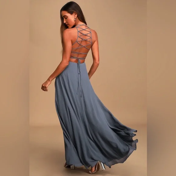Lulus Strappy To Be Here Denim Blue Lace-Up Maxi Dress - Picture 3 of 3
